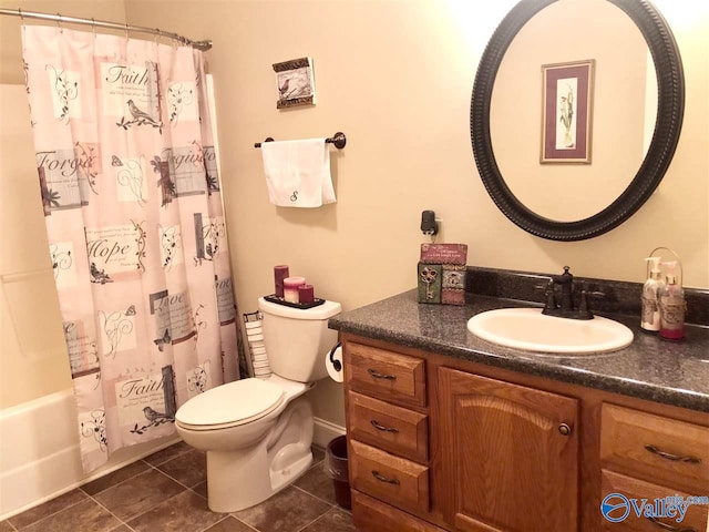 full bathroom with tile patterned flooring, vanity, toilet, and shower / tub combo with curtain