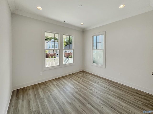 empty room featuring ornamental molding, a healthy amount of sunlight, and light hardwood / wood-style floors