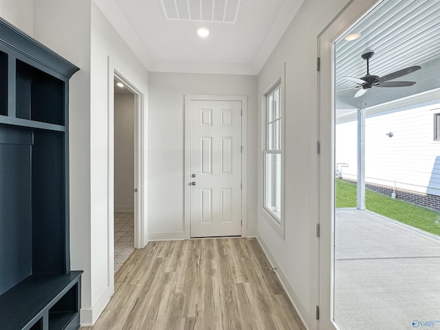 doorway featuring ceiling fan, plenty of natural light, and light hardwood / wood-style flooring