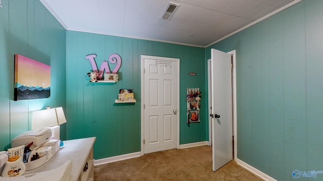 carpeted bedroom with crown molding