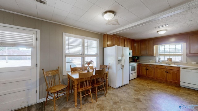 kitchen with white appliances, a wealth of natural light, ornamental molding, and sink