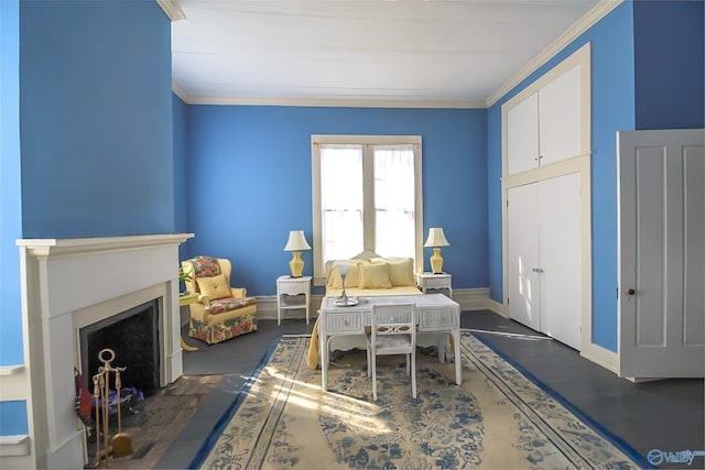 office with dark hardwood / wood-style flooring and crown molding