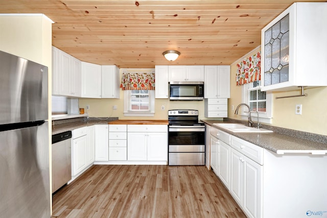 kitchen with a sink, stainless steel appliances, white cabinets, light wood finished floors, and wood ceiling