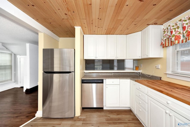 kitchen featuring wooden ceiling, white cabinets, light wood-type flooring, and appliances with stainless steel finishes