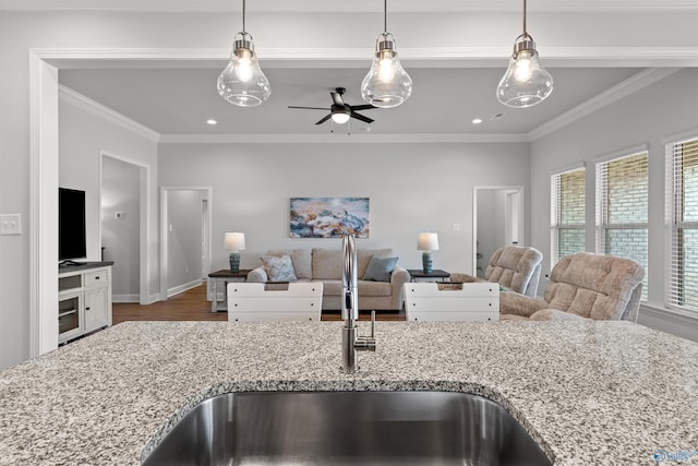 24009 Quints Dr, Athens, AL 35613 - kitchen featuring a sink, open floor plan, light stone counters, a ceiling fan, and wood finished floors