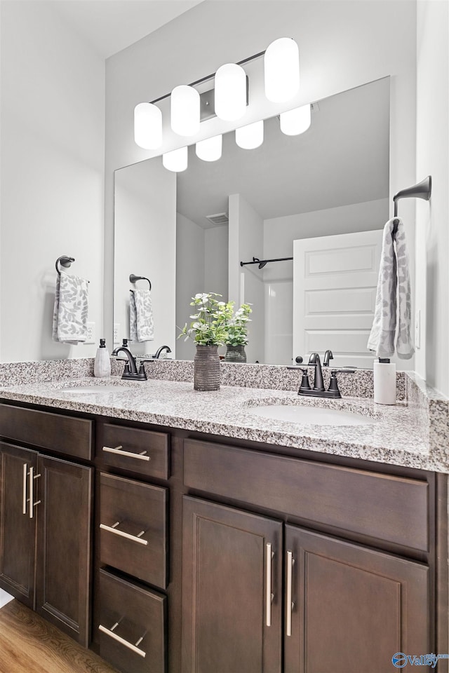 24009 Quints Dr, Athens, AL 35613 - full bathroom featuring double vanity, wood finished floors, and a shower