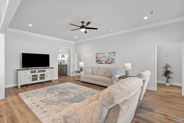 24009 Quints Dr, Athens, AL 35613 - living area featuring ceiling fan, baseboards, recessed lighting, light wood-style flooring, and ornamental molding