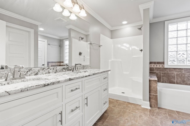 full bathroom featuring a walk in shower, double vanity, ornamental molding, and a sink