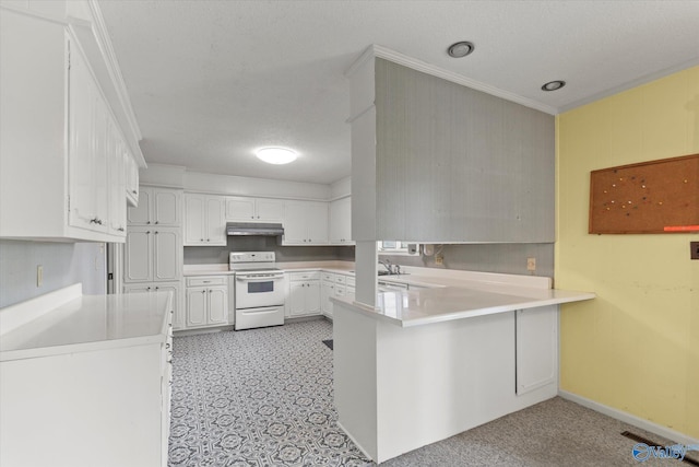 105 Hastings Rd, Athens, AL 35613 - kitchen featuring white electric stove, under cabinet range hood, a peninsula, ornamental molding, and light countertops