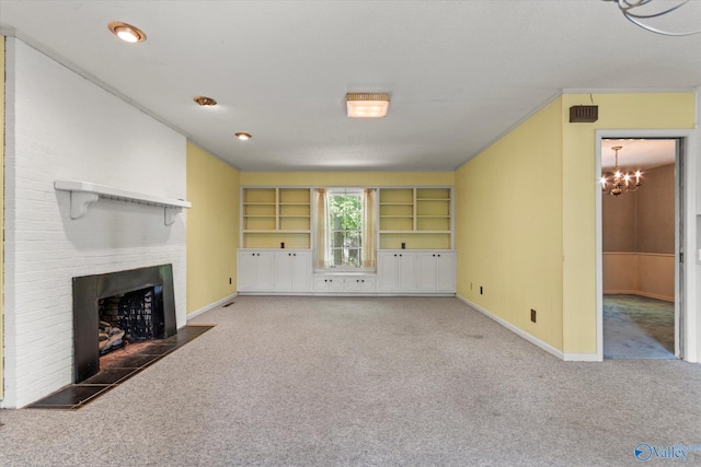 105 Hastings Rd, Athens, AL 35613 - unfurnished living room with carpet, a chandelier, baseboards, and a fireplace