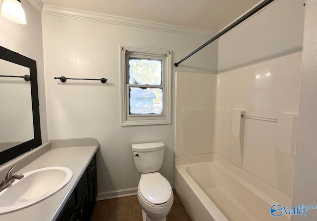 full bathroom with vanity, toilet, bathing tub / shower combination, crown molding, and tile patterned flooring