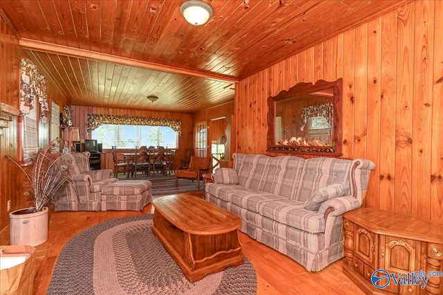 living room with wooden walls, wooden ceiling, and wood finished floors