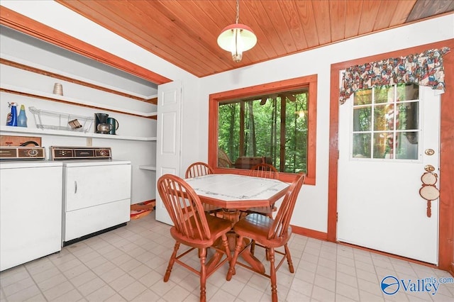 dining area featuring baseboards, separate washer and dryer, and wood ceiling