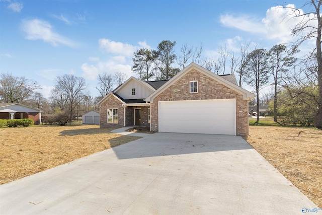 traditional-style home with brick siding, an attached garage, concrete driveway, and a shingled roof