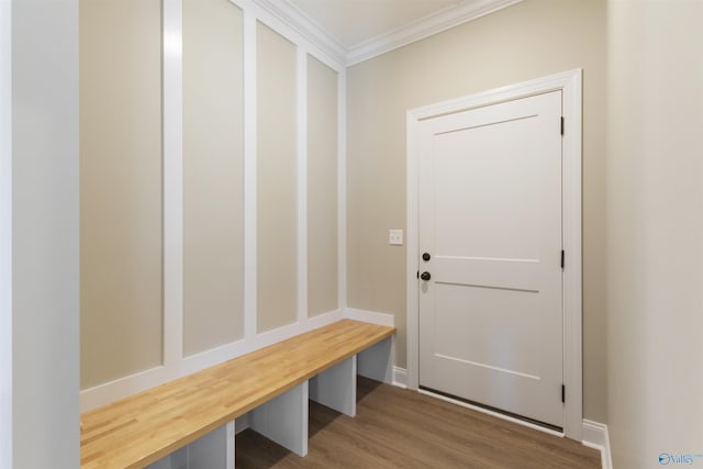 mudroom featuring crown molding and wood finished floors