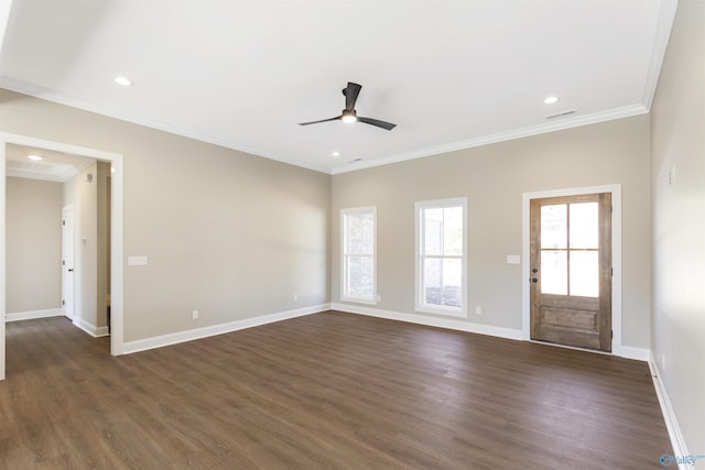unfurnished living room featuring crown molding, baseboards, recessed lighting, dark wood-style floors, and a ceiling fan