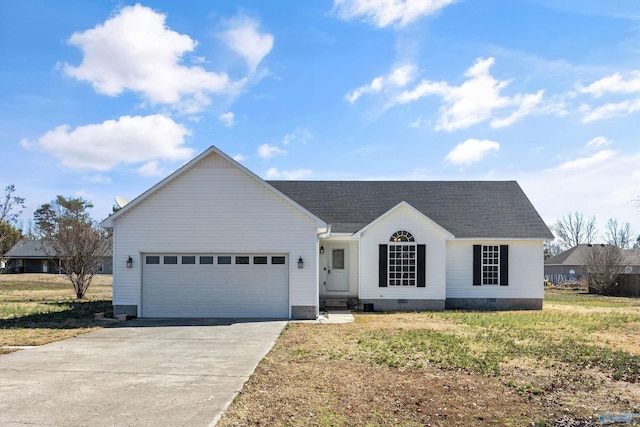 single story home with crawl space, an attached garage, a shingled roof, and concrete driveway