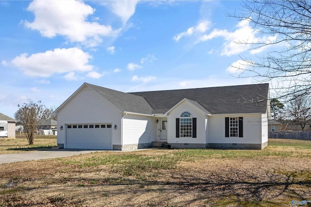 view of front facade with crawl space, driveway, and an attached garage