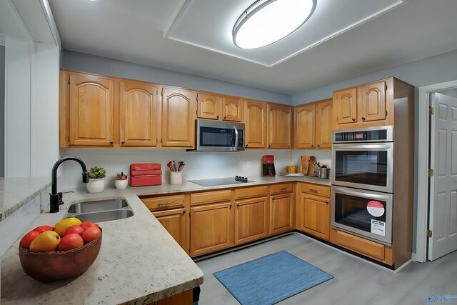 kitchen featuring stainless steel appliances, light stone counters, and a sink