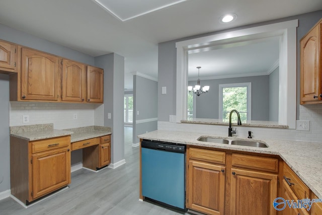 kitchen with crown molding, light wood-style floors, dishwasher, and a sink