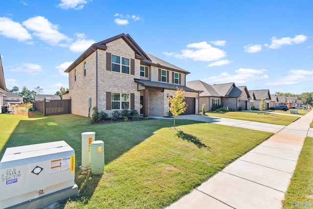 view of front of property with a garage and a front lawn