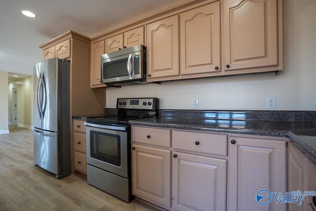 kitchen with stainless steel appliances, recessed lighting, and light wood finished floors