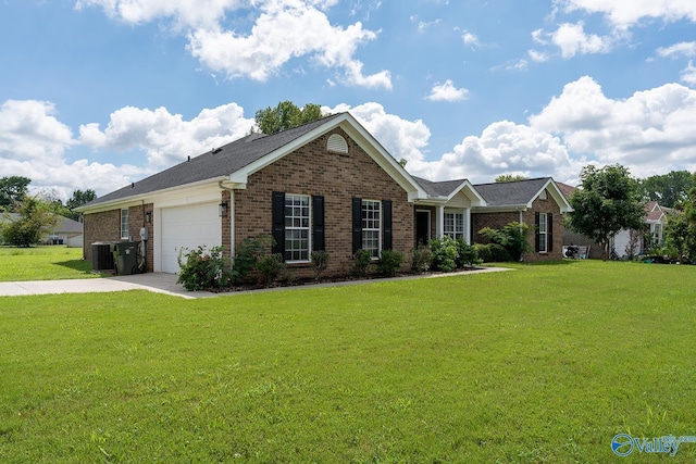 single story home with brick siding, concrete driveway, an attached garage, a front yard, and central AC