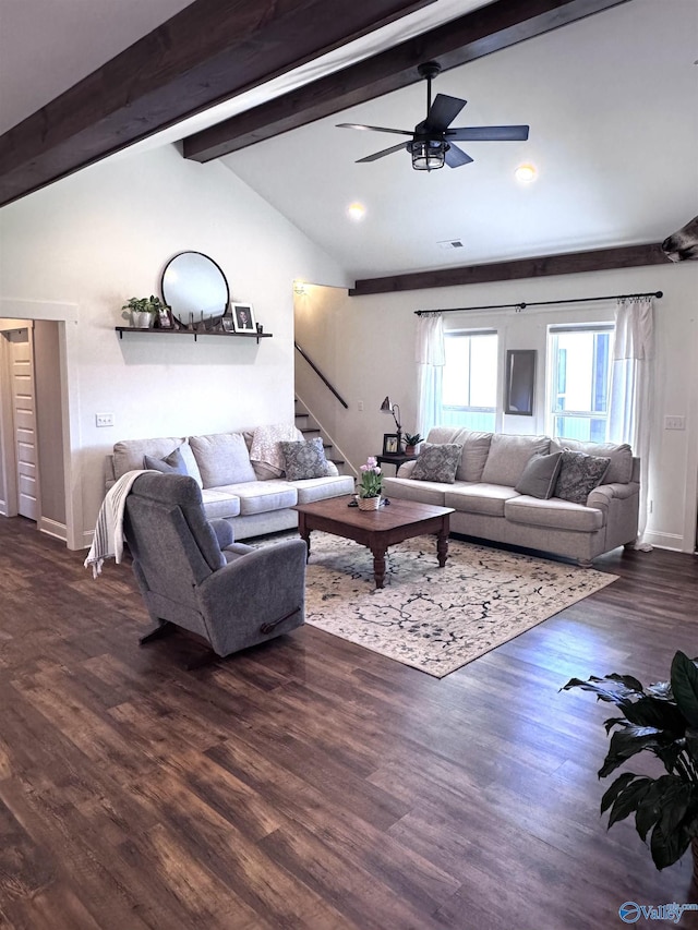 living room featuring ceiling fan, dark hardwood / wood-style flooring, and lofted ceiling with beams