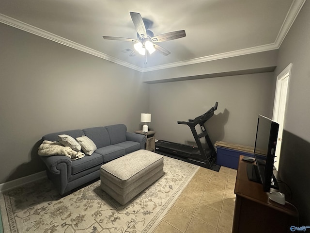 living room with ceiling fan, light tile patterned flooring, and ornamental molding