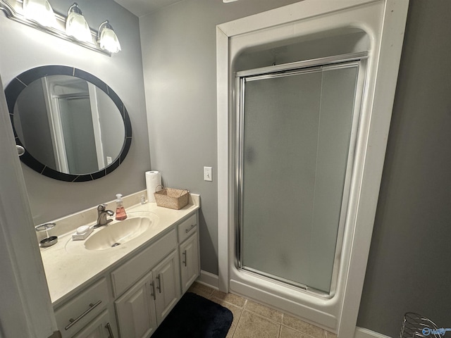 bathroom featuring vanity, tile patterned floors, and a shower with door