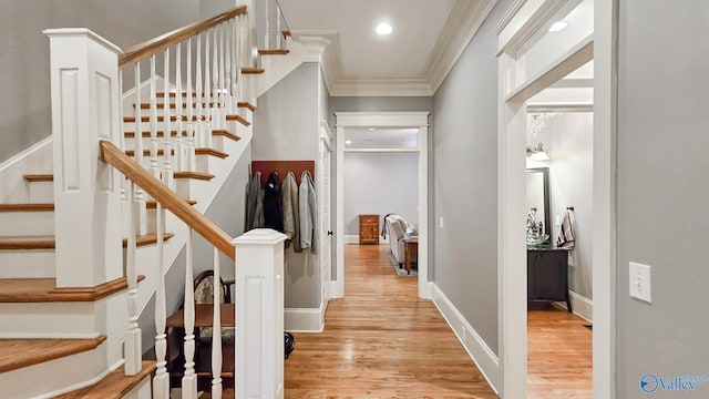 25 Cypress Grove Ln, Huntsville, AL 35824 - entryway with wood finished floors, ornamental molding, stairway, and recessed lighting