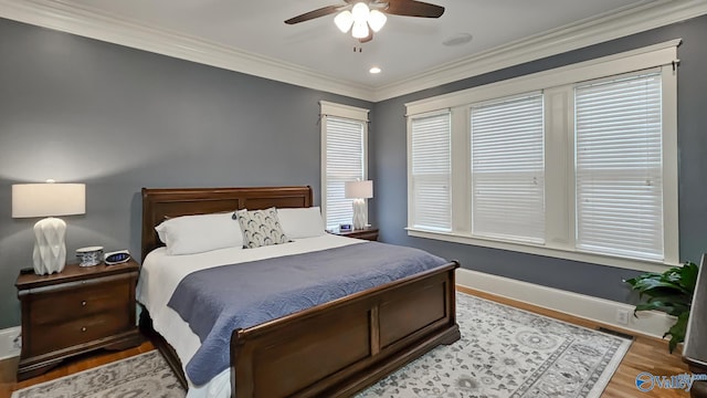 25 Cypress Grove Ln, Huntsville, AL 35824 - bedroom featuring crown molding, wood finished floors, baseboards, a ceiling fan, and recessed lighting