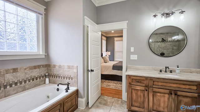 25 Cypress Grove Ln, Huntsville, AL 35824 - bathroom with crown molding, vanity, a jetted tub, tile patterned floors, and connected bathroom
