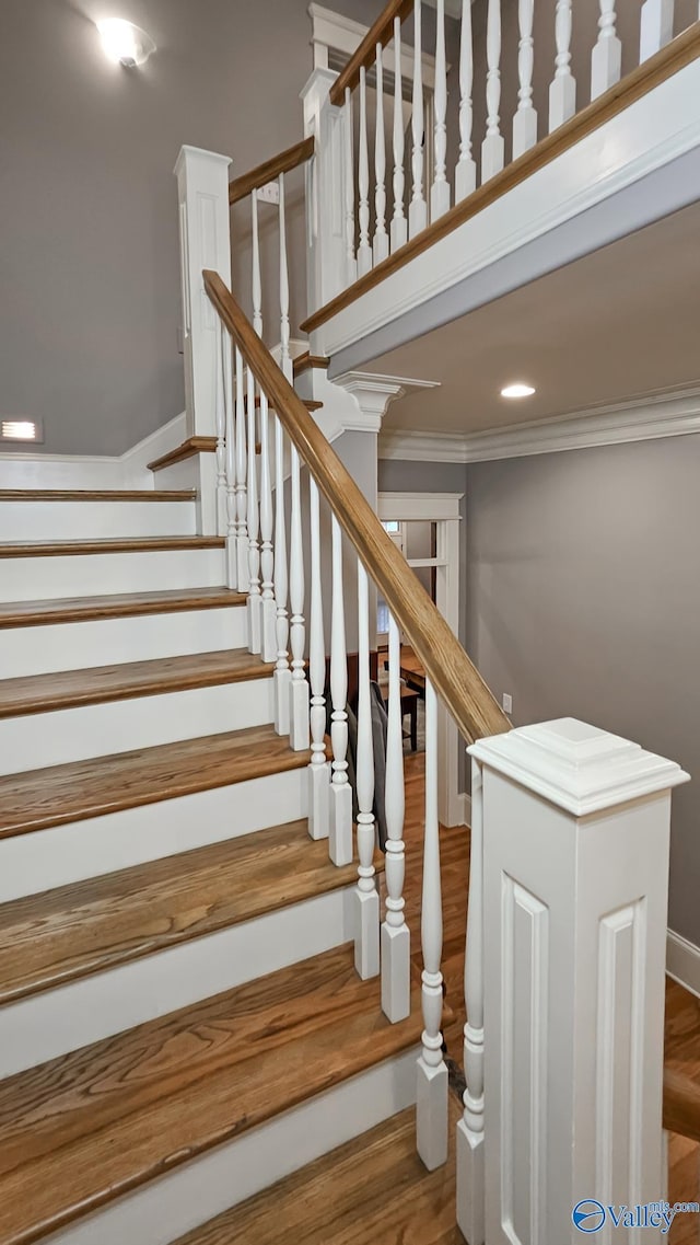 25 Cypress Grove Ln, Huntsville, AL 35824 - staircase featuring ornamental molding, wood finished floors, and recessed lighting