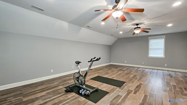 25 Cypress Grove Ln, Huntsville, AL 35824 - workout room with a ceiling fan, recessed lighting, wood finished floors, vaulted ceiling, and baseboards