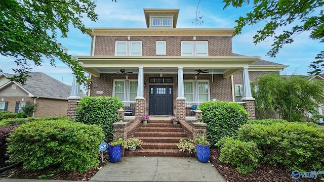 25 Cypress Grove Ln, Huntsville, AL 35824 - american foursquare style home with ceiling fan, brick siding, and a porch