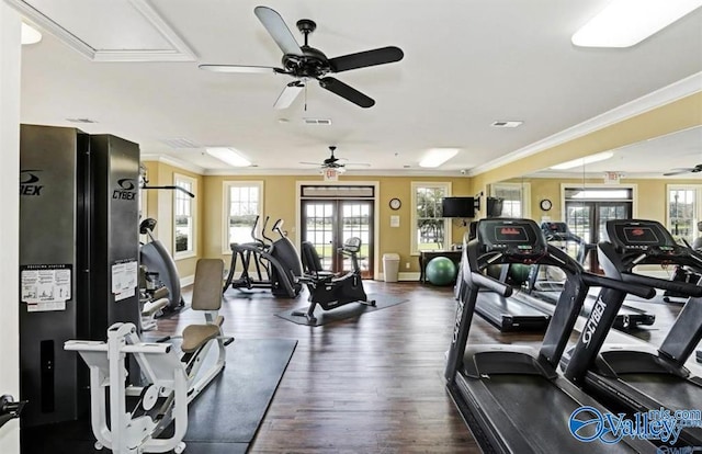 25 Cypress Grove Ln, Huntsville, AL 35824 - workout area featuring ceiling fan, crown molding, dark wood finished floors, attic access, and baseboards