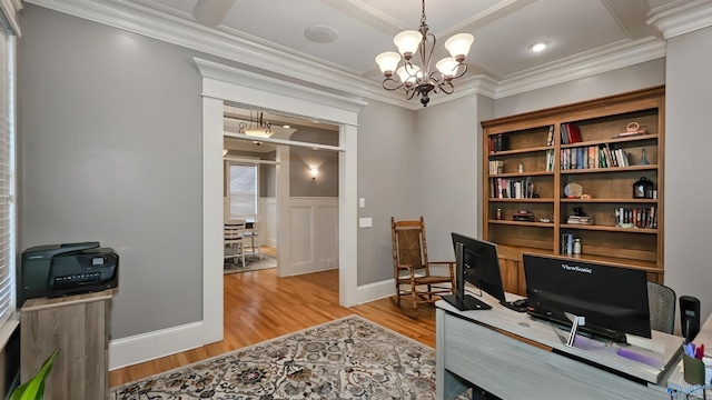 25 Cypress Grove Ln, Huntsville, AL 35824 - office area with light wood-style flooring, a chandelier, ornamental molding, and a wainscoted wall