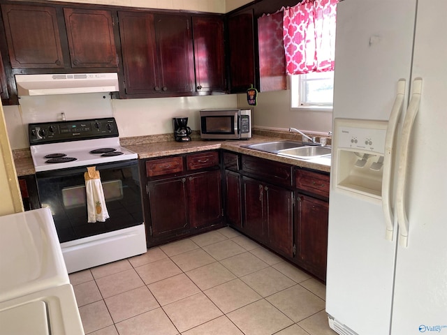 kitchen with white appliances, sink, light tile patterned floors, and range hood