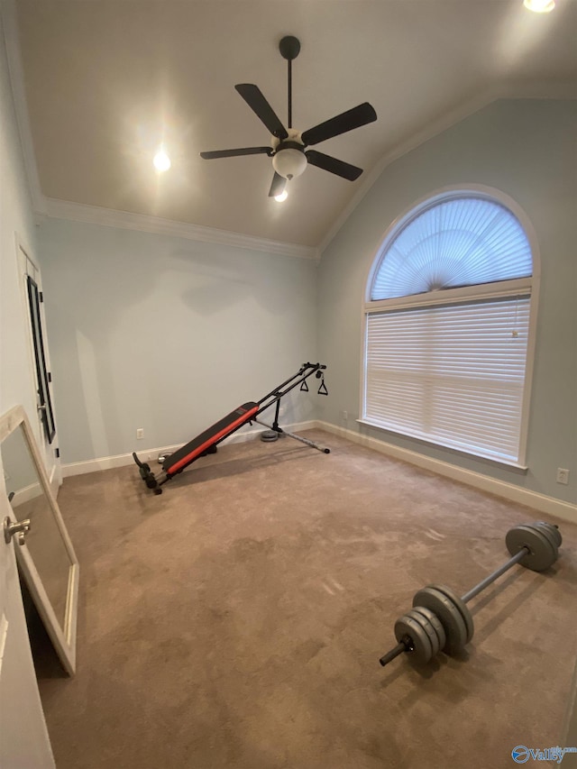 exercise area featuring carpet floors, crown molding, ceiling fan, and lofted ceiling