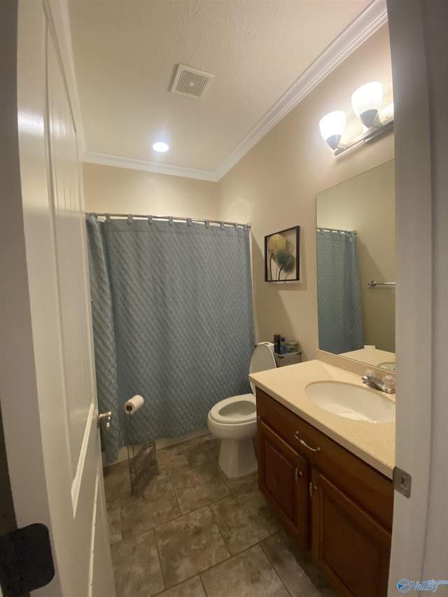 bathroom with a shower with shower curtain, vanity, toilet, and ornamental molding