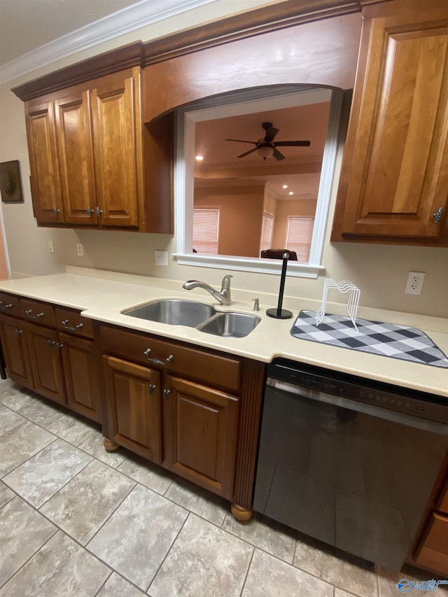 kitchen featuring dishwasher, sink, ceiling fan, ornamental molding, and light tile patterned floors