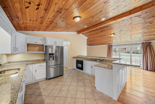 kitchen featuring sink, crown molding, black appliances, light stone countertops, and white cabinets