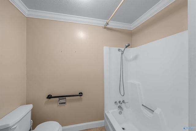 bathroom with shower / bathing tub combination, a textured ceiling, ornamental molding, and toilet
