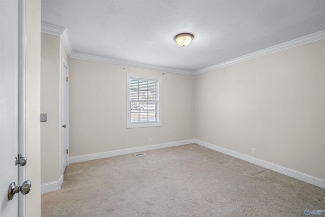 spare room with crown molding, light carpet, and a textured ceiling