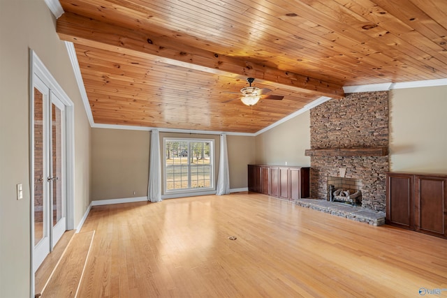 unfurnished living room featuring crown molding, wood ceiling, light hardwood / wood-style floors, and vaulted ceiling with beams