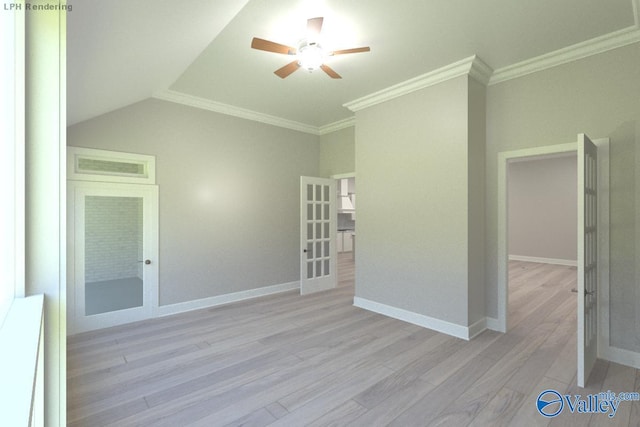 empty room featuring vaulted ceiling, french doors, ceiling fan, light hardwood / wood-style flooring, and crown molding