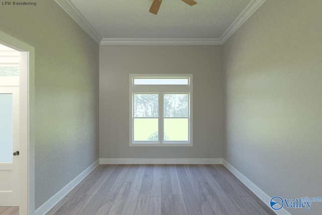 spare room with a textured ceiling, ceiling fan, crown molding, and light hardwood / wood-style flooring