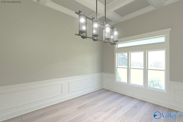 interior space featuring coffered ceiling, a chandelier, light hardwood / wood-style floors, ornamental molding, and beam ceiling