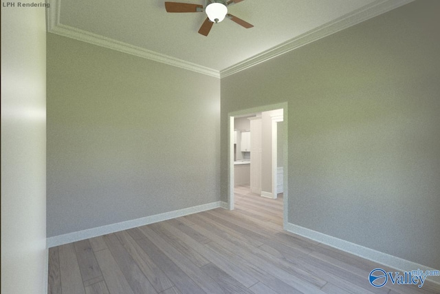 unfurnished room with ceiling fan, ornamental molding, and light hardwood / wood-style flooring